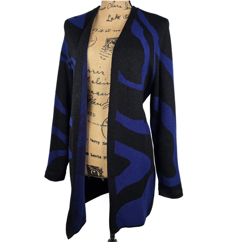 Chicos Blue Black Abstract Animal Print Metallic Open Front Cardigan Sweater 2 L